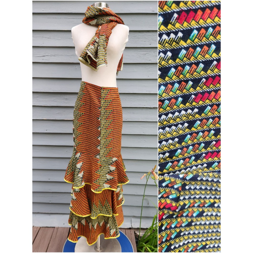 Vintage‎ African Wax Cotton Skirt Set Orange Geometric Ruffle Mermaid Maxi Large